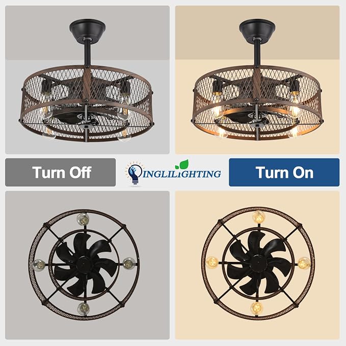 DLLT Caged Ceiling Fan with Lights: 20" Farmhouse Fandelier with Light and Remote - Walnut Industrial Chandelier Fan Light for Bedroom Living Dining Room Kitchen