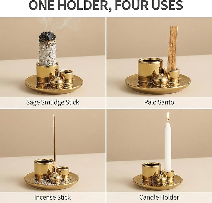 Handmade Ceramic Incense Burner for Palo Santo Incense Sticks, 4 in 1 Multi-Purpose Sage Holder for Burning, Ash Catcher Tray for Meditation Yoga Room (Golden)