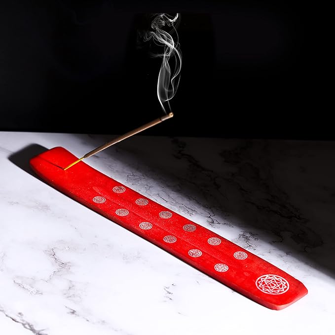Bless-International Traditional-Handmade-Burner Wooden-Incense-Stick-Holder Ash-Catcher-Stand for-Aromatherapy-Meditation-Yoga (Fire Red) 10 Inches, Pack of 2