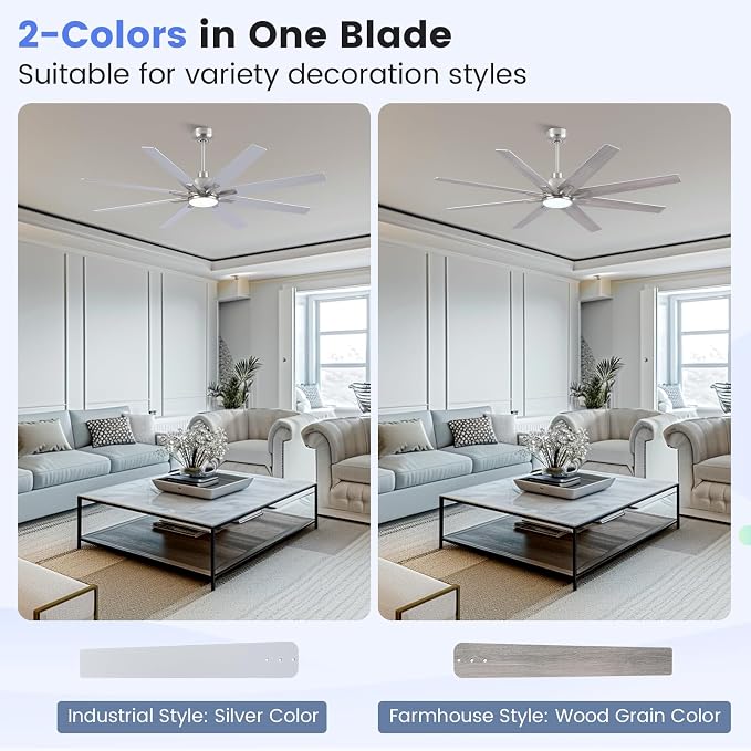 Newday 62 inch Brushed Nickel Ceiling Fan with Light & Remote, Indoor/Outdoor 8-Blade Fan, 6-Speed Silent Reversible DC Motor, 3CCT LED, Timer, 2 Downrods for Living Room/Patio