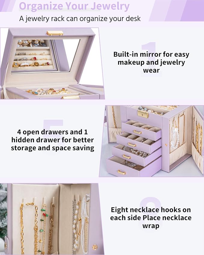AKOZLIN 5-Tier Jewelry Box Leather Jewelry Storage Organizer with 4 Drawers Lockable for Women Girls Ring Necklace Earring Bracelet Watches Holder with Mirror Purple