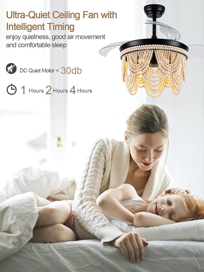 42 Inch Boho Retractable Ceiling Fan with Lights Boho Fandelier Ceiling Fan Wood Beaded Coastal Chandelier, 6 Speeds Reversible Quiet DC Motor 3 E26 for Bedroom Living Room