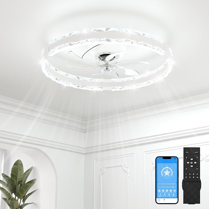 VOLISUN Low Profile Ceiling Fans with Lights and Remote, 20in Fandelier Ceiling Fans with Lights Flush Mount, Dimmable Bladeless LED Ceiling Fan Light, White Modern Ceiling Fan Light for Bedroom