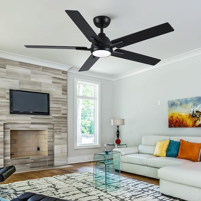 Sevenine 52 Inch Downrod Black Ceiling Fan with Light & Remote, ETL Listed | Easy Installation, 6 Speed, Quiet DC Motor, 3-Level Timer Function, 3 Color Temperature, Forward/Reserve For all Seasons