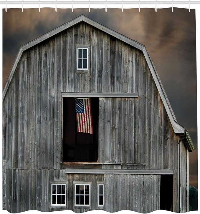 Ambesonne American Flag Shower Curtain, American Flag Flying in Hayloft Window Wooden Old House Dark Evening View, Cloth Fabric Bathroom Decor Set with Hooks, 69" W x 70" L, Dark Grey