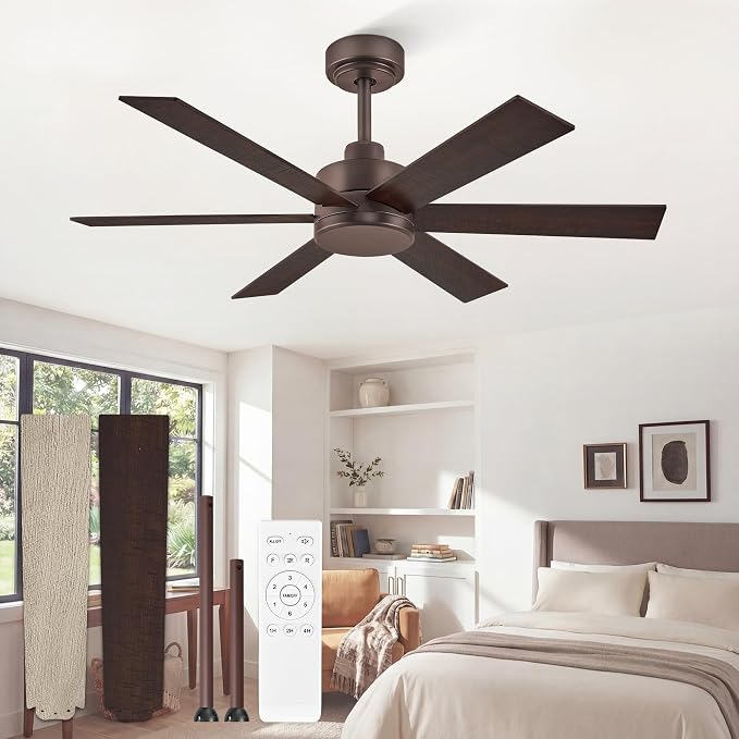 ZMISHIBO 42 Inch Ceiling Fans No Lights, Farmhouse Rustic Ceiling Fan Without Light, 6 Blades, Quiet Reversible DC Motor, 6-Speeds, Brown Ceiling Fans for Bedroom, Living Room, Porch, Indoor/Outdoor