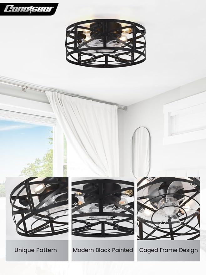 Conciseer 16 Inch Caged Ceiling Fans with Lights and Remote, Flush Mount, Low Profile 7 Blades 6 Speed Reversible Quiet DC Motor for Bedroom, Kitchen and Living Room, Black
