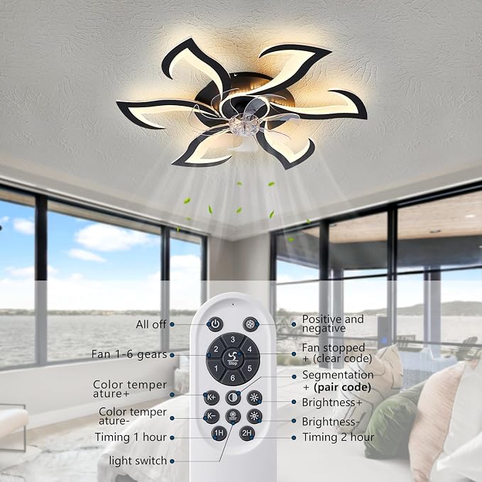 Black Flower Modern Ceiling Fans with Lights, Low Profile Ceiling Fan with Remote for Bedroom, 32inch Flush Mount Ceiling Fan with LED Dimmable Light,6-Speeds, Timing Ceiling Fan Light