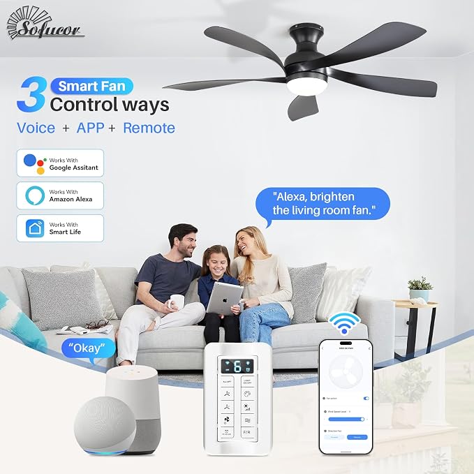 Sofucor Smart 52'' Low Profile Ceiling Fan with Lights and Remote, Flush Mount Ceiling Fan Work with APP/Alexa/Google for Modern Bedroom Living Room Patio, Dimmable LED Quiet Reversible DC Motor