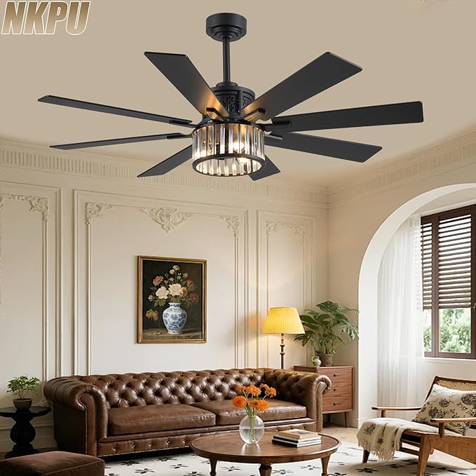 NKPU 52 Inch Farmhouse Crystal Ceiling Fans with Lights and Remote, Chandelier Industrial Ceiling Fan with Dual 8 Blades, 6 Speed Reversible Motor, Timing, Black Ceiling Fan for Living room Bedroom