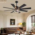NKPU 52 Inch Farmhouse Crystal Ceiling Fans with Lights and Remote, Chandelier Industrial Ceiling Fan with Dual 8 Blades, 6 Speed Reversible Motor, Timing, Black Ceiling Fan for Living room Bedroom