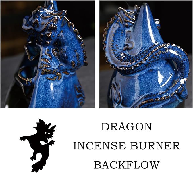 Dragon Incense Burner - Ceramic Backflow Waterfall Burner with Dragon Smoke Fountain, Incense Holder, Cones & Tweezer & Fire Mat for Aromatherapy/Yoga/Home/Office Deco