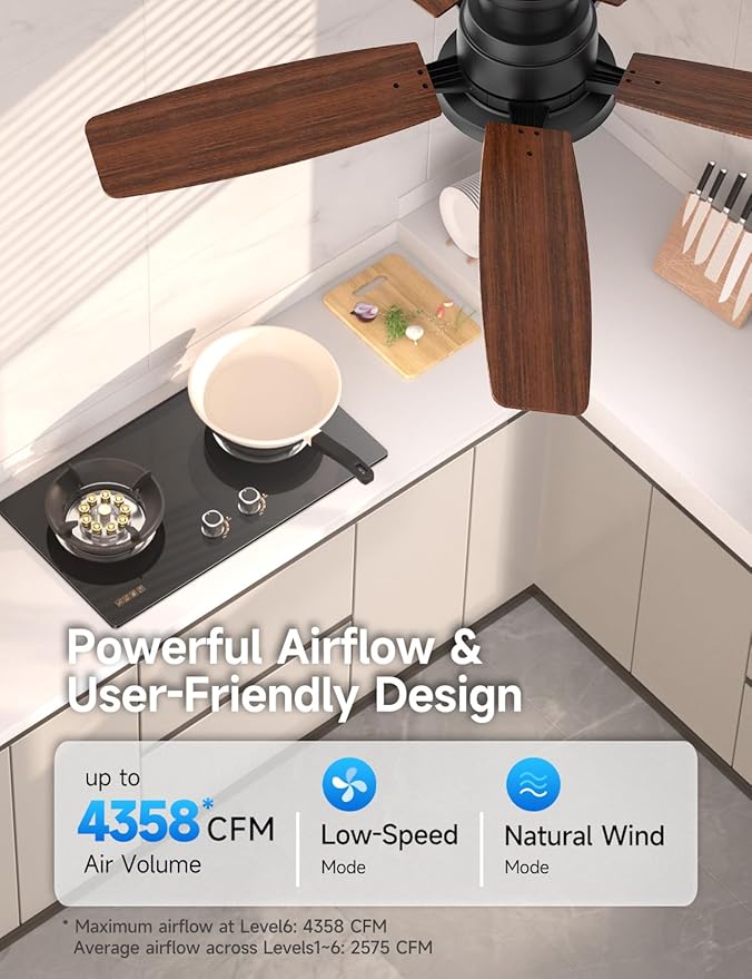 Flush Mount Ceiling Fan with Light, 42 Inch, Remote Control, 3CCT Dimmable LED, 6-Speed Silent Reversible DC Motor, Low Profile Hugger Ceiling Fan for Indoor/Outdoor 90-264V 50/60Hz Matte Black