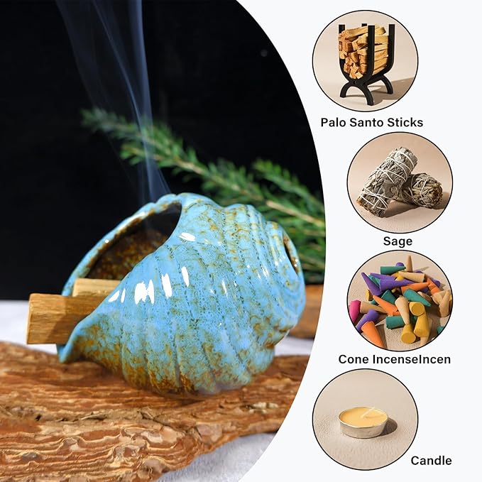 MOUGIGI Blue Conch Chiminea Palo Santo Burner - Ceramic Smudging Bowl、Incense Chimney,Works with Sage、Incense Cones,Energy Cleansing-Thoughtful Gifts for Meditation, Altar,Spa,Yoga, Aromatherapy