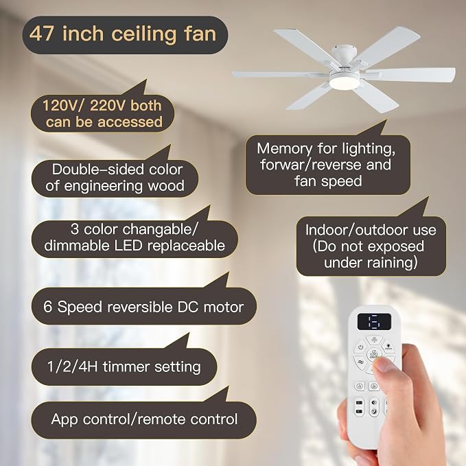 OURSTAR Ceiling Fans with Lights and Remote Control, White Low Profile Ceiling Fan with Light 3-Color LED Dimmable, Memory for Lighting and Fan Reversible, 6-Speed, Timer, Indoor/Outdoor Use, 52 Inch
