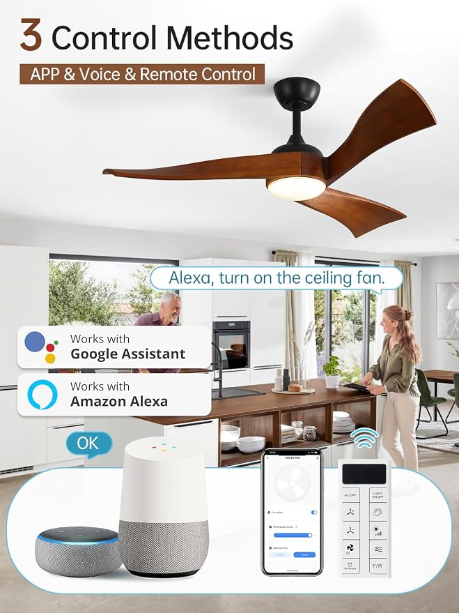 Sofucor 52 Inch Smart Ceiling Fans with Light-Modern Solid Wood Outdoor 3 Blades Ceiling Fan with Light Alexa/Google/APP/Remote Control for Bedroom Living Room Farmhouse, Quiet DC Motor, Walnut Black