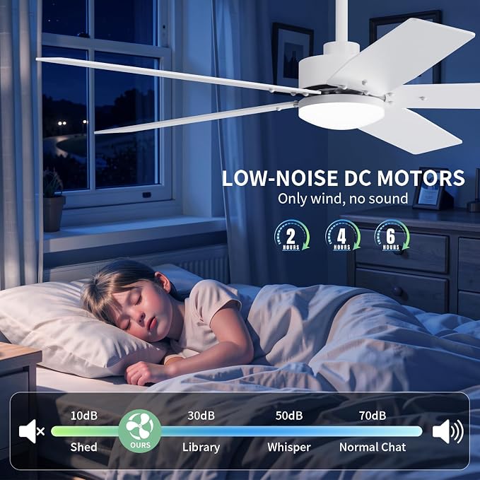 52 Inch Ceiling Fans with Lights and Remote for Bedroom Living Room Kitchen Home Office Indoor/Outdoor, 18W 3CCT Dimmable, Dual Color 5 Blades 6 Speed Reversible Quiet DC Motor, White/Wood Grain