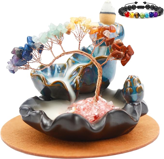 Dreamgirnh Chakras Backflow Incense Burner, Crystal Tree Incense Waterfall Fountain, Cone Incense Holde, Living Room Shelf Aesthetic Decor