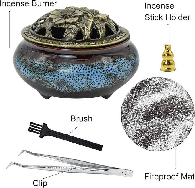 Ceramic Incense Burner with Lid, Incense Holder for Sticks Incense Cone Holder with Brass Incense Stick Holder for Yoga Meditation Home Decor (Fambe Blue)
