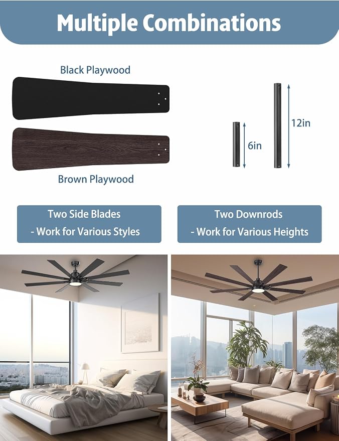 62 Inch Large Ceiling Fans with Lights and Remote - Brown or Matte Black Ceiling Fan with light, Quiet DC Motor, 3 CCT, Dimmable Modern Indoor Outdoor Ceiling Fans for Patios Living Room