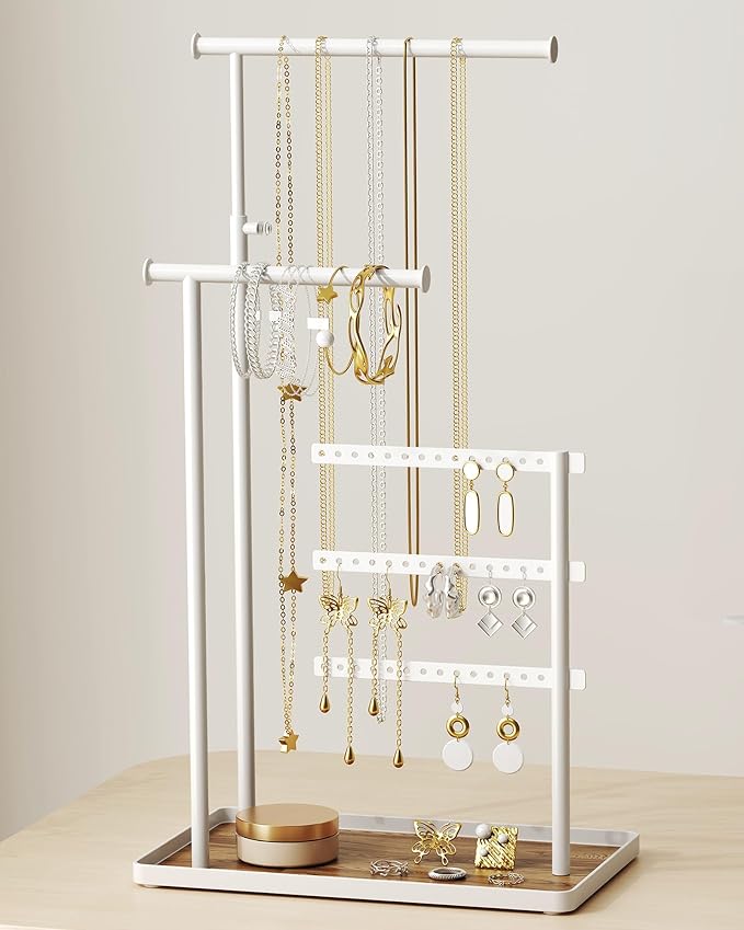 susswiff Jewelry Holder Organizer Stand - Adjustable Tall 17.5" (Max), Sturdy Jewelry Hanger for Necklaces, Earrings, Bracelets, Rings, Jewlery Display and Storage, White, Metal