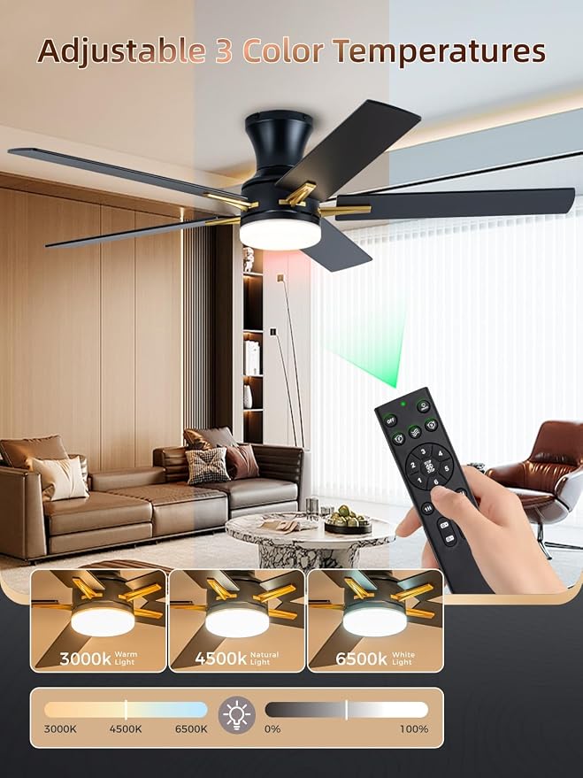 LANMEL 52 Inch Flush Mount Ceiling Fan with Light, App&Remote Control, Low Profile Modern Ceiling Fan, 6 Speed, Reversible, 3000k-6500k Dimmable LED, Quiet DC Motor for Indoor Outdoor, Gold Black