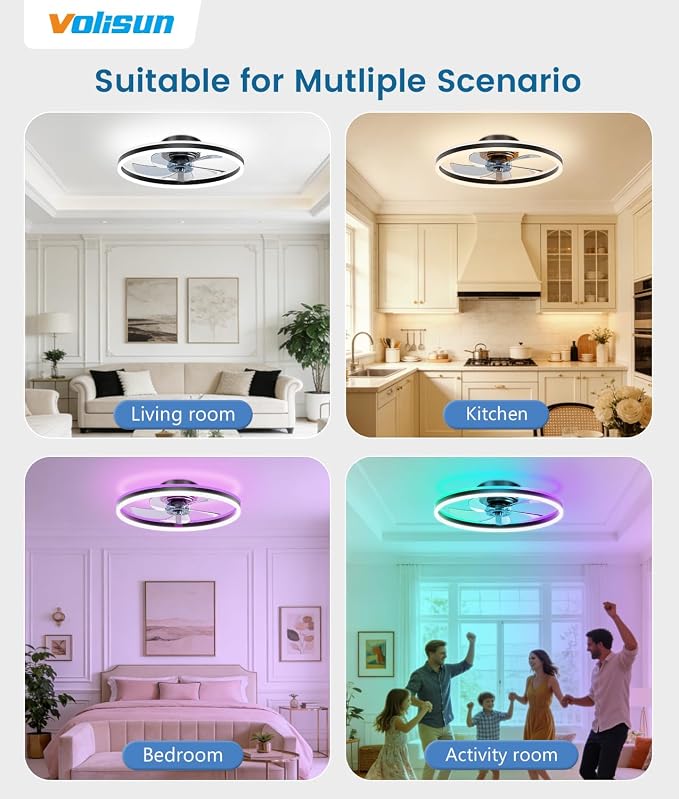 VOLISUN RGB Ceiling Fans with Lights and Remote, 20in Low Profile Ceiling Fans with Lights Flush Mount, 3000K-6500K Dimmable Fandelier LED Fan Light, Black Bladeless Ceiling Fans for Bedroom