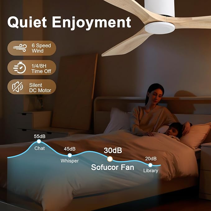 Sofucor Ceiling Fan No Light 52 Inch Flush Mount Ceiling Fan, Quiet Reversible DC Motor, Solid Wood Indoor Outdoor Ceiling Fan with Remote Control, 6-Speed for Bedroom Patio Farmhouse