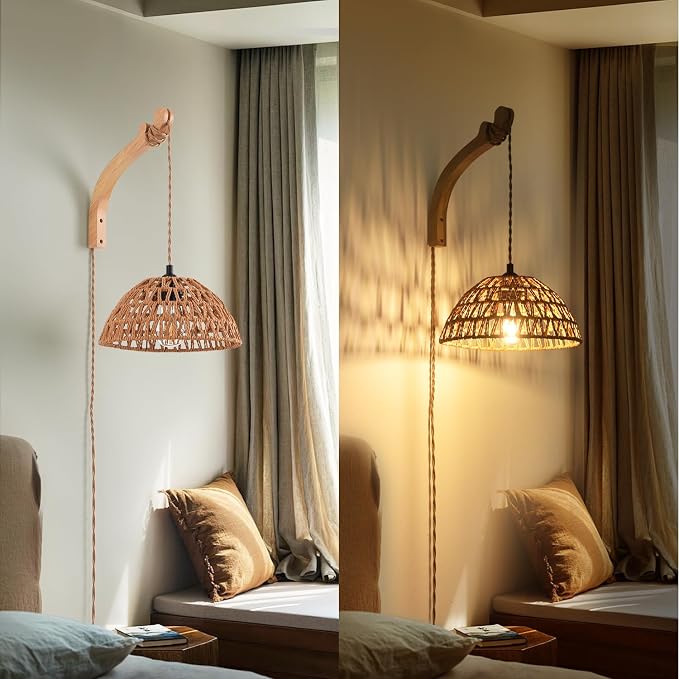 Plug in Wall Sconce,Farmhouse Wicker Wall Lamp Plug in,Hand Woven Rattan Wall Light Farmhouse Rustic Boho Sconces Wall Lighting for Living Room Bedroom
