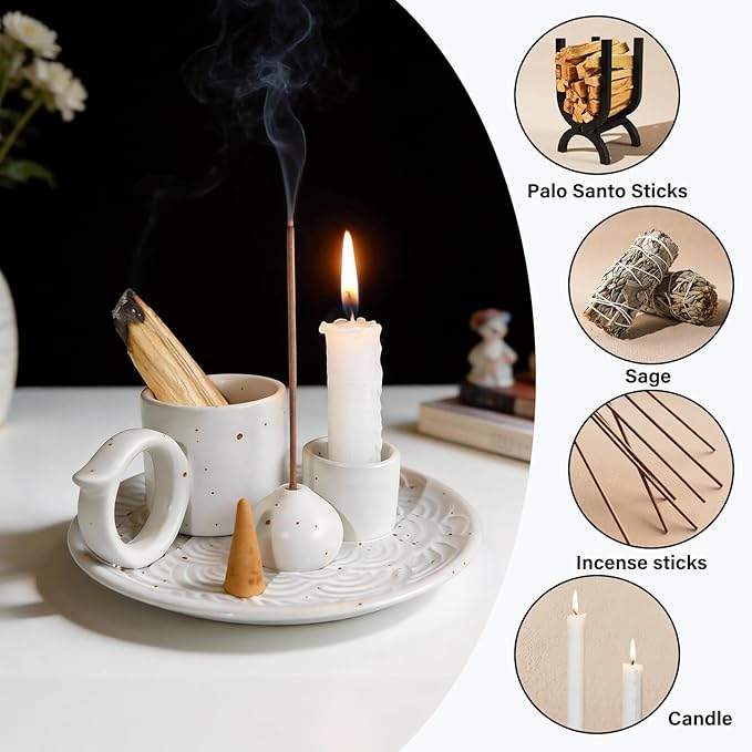 Tnstbiee 4-in-1 White Ceramic Palo Santo Burner & Holder - Versatile Candle and Smudge Tray for Incense Sticks, Cones, and Sage - Ideal Zen Meditation Altar Accessory for Enhanced Aromatic Experience