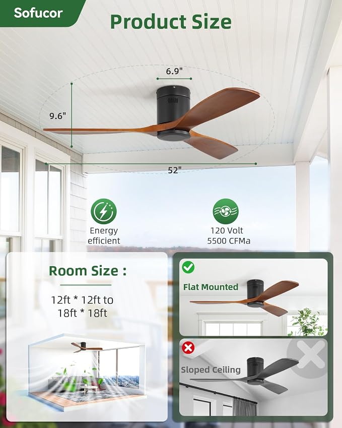 Sofucor 52 Inch Solid Wood Ceiling Fan Without Lights Flush Mount Ceiling Fan with Remote Control-Wood Blades Modern Outdoor Ceiling Fans No Light for Bedroom/Farmhouse/Patio/Indoor, Brown Black