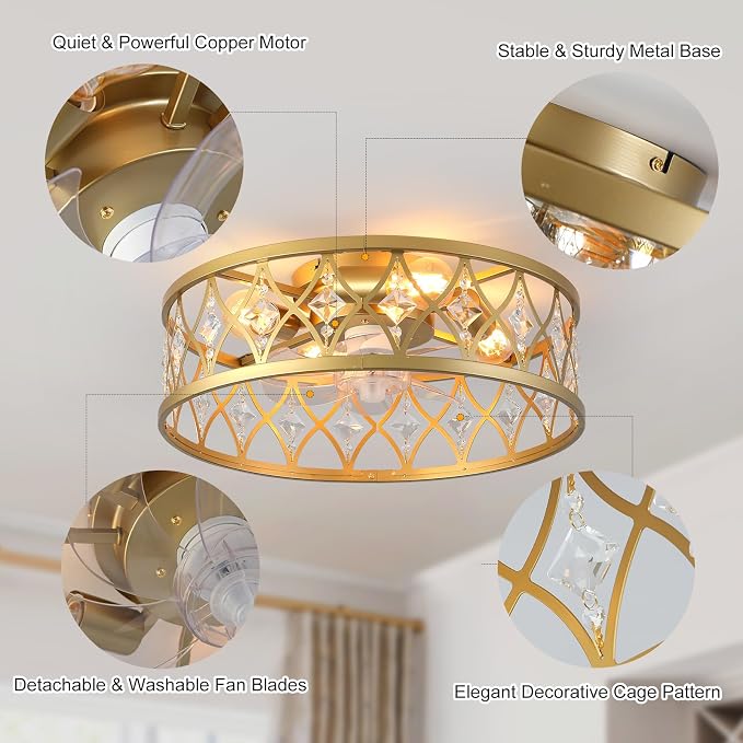 Garwarm Caged Ceiling Fan with Light,20" Ceiling Fans with Lights and Remote,Bladeless Fandelier Small Low Profile Ceiling Fan Light Fixture for Bedroom,Kitchen,Dining Room,Gold