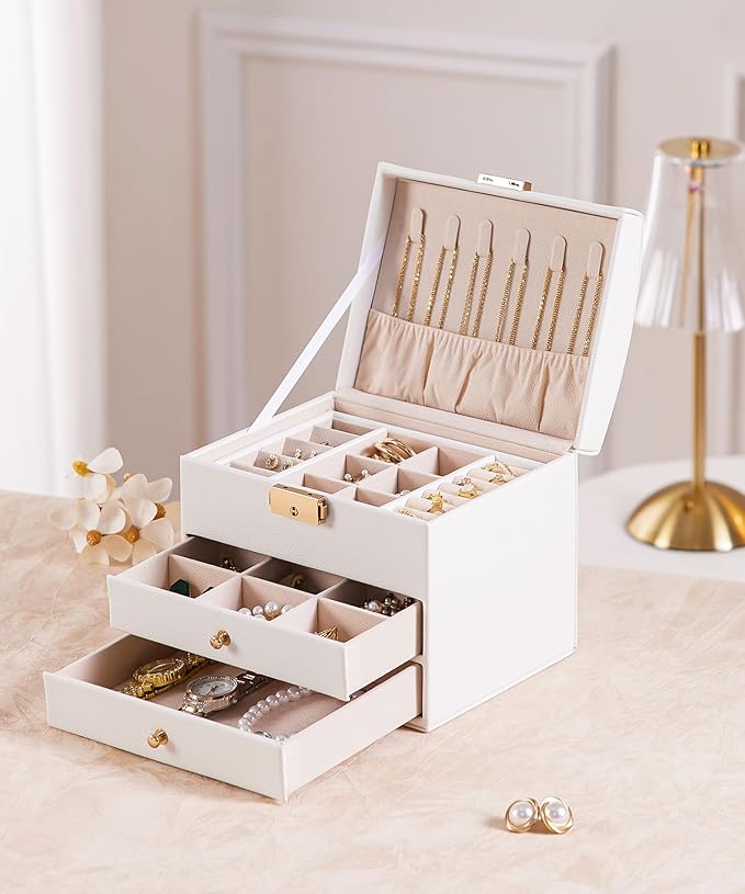 Homde Small Jewelry Box for Girls: 3-Layer Lockable Organizer (Cloud White) | Removable Tray&Dividers for Flexible Storage - Sort Earrings&Rings&Necklaces for Beginners - Birthday Gift for Teens