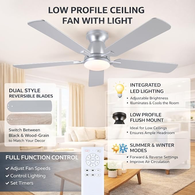 52 Inch Ceiling Fans with Lights and Remote, Flush Mount, Silver | Low Profile, Dimmable LED, Reversible, Quiet DC Motor, Wooden Blades, for Modern Apartment Bedroom Home Office Living Room