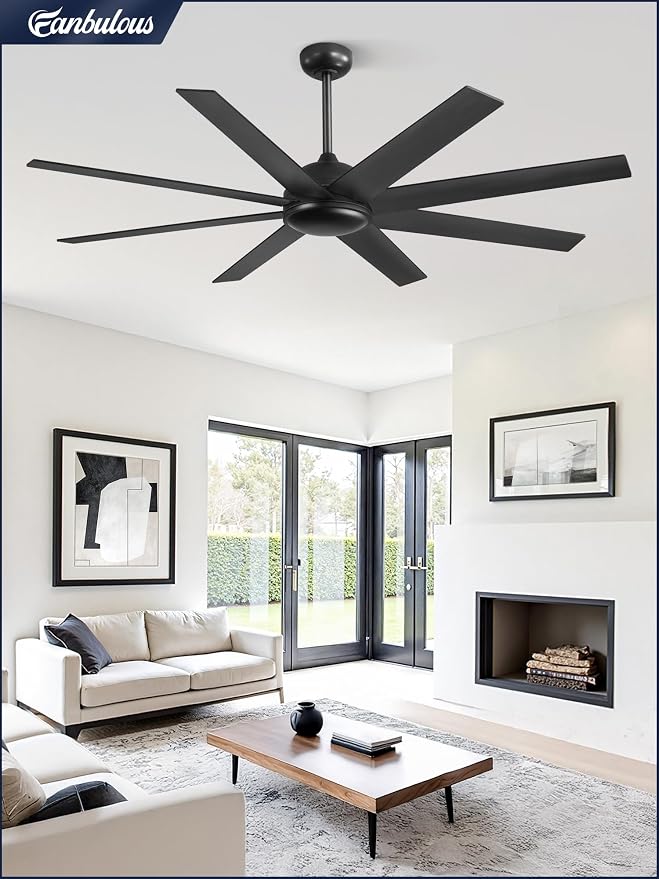 Fanbulous 62 Inch Large Ceiling Fan no Light, Ceiling Fan Black with Remote, 6-Speeds, Quiet Reversible DC Motor, 8 Blades, Indoor/Outdoor Modern Ceiling Fans for Living Room, Garage, Patio