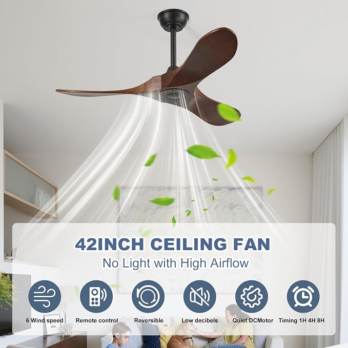 42'' Outdoor Ceiling Fan no Light,Solid Wood Ceiling Fan with Remote Control,Quiet and Reversible DC Motor with Large Airflow for Living Room,Patios,Gazebo (dark walnut)