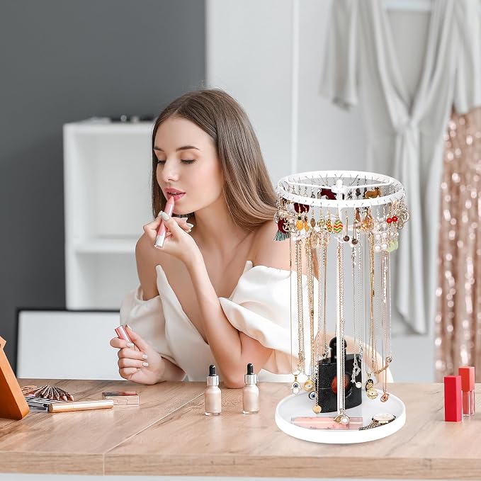 360 Rotating 2-Tier Jewelry Organizer Stand, Large Earring Holder Organizer with 48 Holes for Studs，24 Prongs for Necklaces, Wide Base for Bracelets, Watches, Lipstick, Jewelry Display Stand for Women