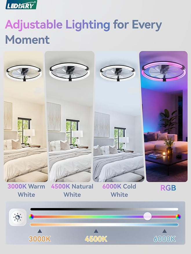 LEDIARY Ceiling Fan with Light,23inch Low Profile Fandelier with Remote RGB | RGB,6 Speeds, Reversible DC Motor, Dimmable Flush Mount Fan Light, Modern fans for Bedroom