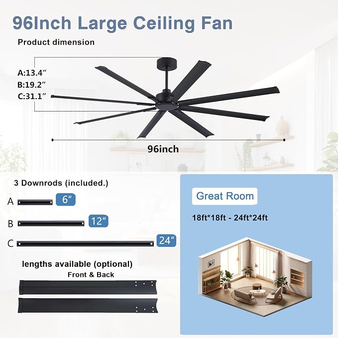 96 Inch Ceiling Fans No Light, Large Industrial Ceiling Fan with 8 Aluminium Blades, Quiet DC Motor, 6 Speeds, Modern Ceiling Fan without Light for Garage/shop/living room,Black