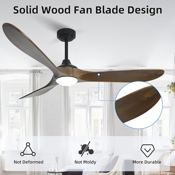 60” Outdoor Ceiling Fan with Light 3 Downrods, Smart Wood Ceiling Fan Compatible with Alexa/Google/App, 3 Blades Modern Walnut Wood Ceiling Fans for Kitchen Living Room Patio,Bronze