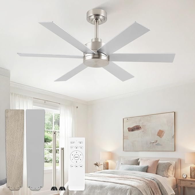 ZMISHIBO 42 Inch Ceiling Fan No Light, Brushed Nickel Ceiling Fan Wthout Light, 6 Blades, Quiet Reversible DC Motor, 6-Speeds, Modern Ceiling Fans for Living Room, Bedroom, Workshop, Indoor/Outdoor