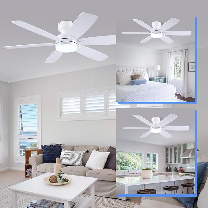 Kviflon 52" Ceiling Fans with Lights, Low Profile Ceiling Fan with Light and Remote/APP Control, Flush Mount Ceiling Fan with 6 Reversible Fan Blades, 3CCT, Dimmable, Quiet Motor for Kidsroom White