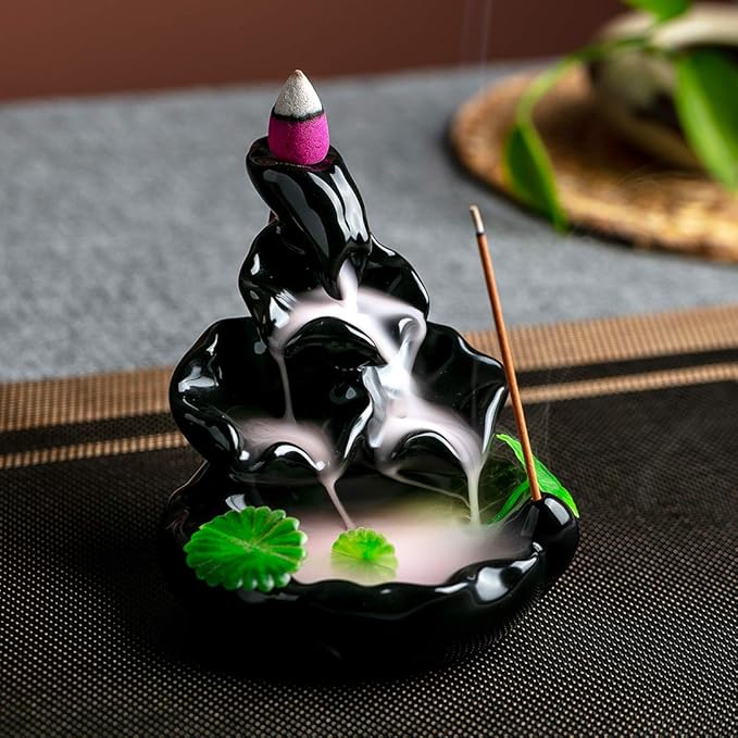 Cute Ceramic Backflow Incense Holder Waterfall Incense Burner with 48 Incense Cones and 30 Incense Stick, Incense Fountain for Home Decor, Desk Decor(Black)