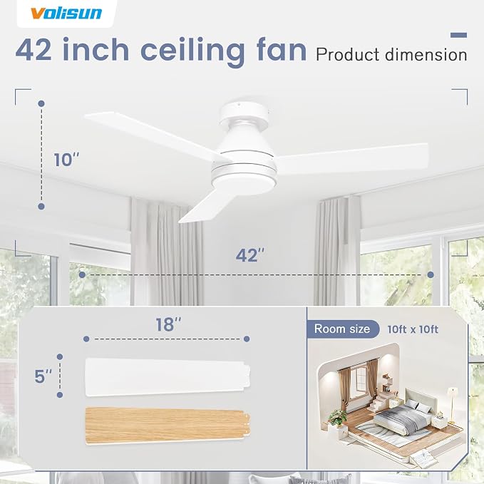 VOLISUN Ceiling Fans with Lights Flush Mount, 42 inch Low Profile Ceiling Fan with Light and Remote, Queit & Reversible Motor,3CCT, Dimmable, White Modern Ceilings Fans for Bedroom, Living Room