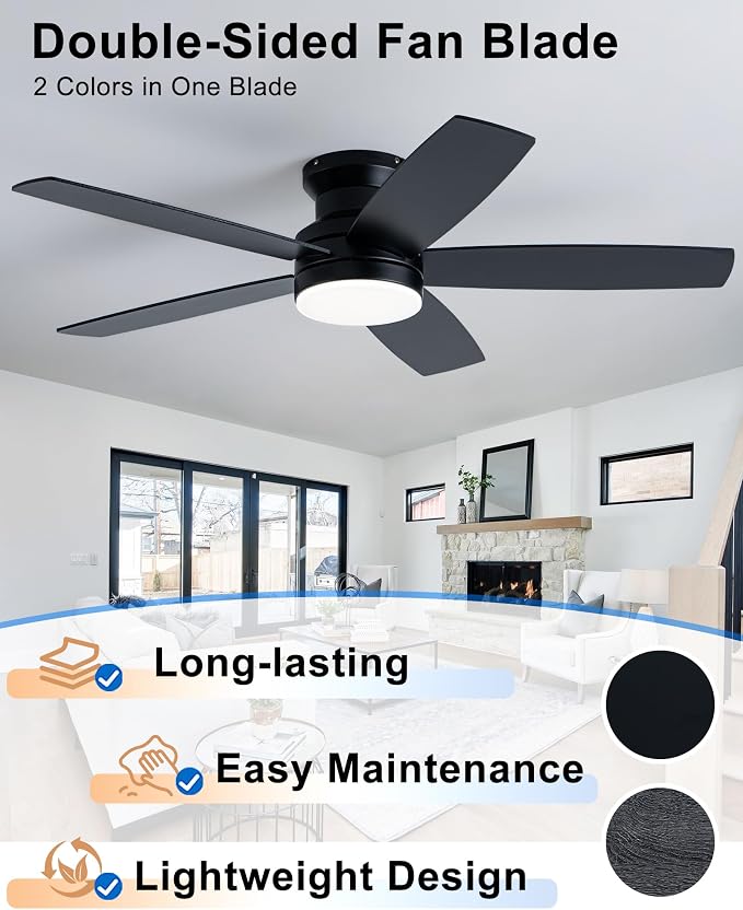 Coolwind 48 Inch Black Flush Mount Ceiling Fan with Display Remote/APP Control, Quiet Low Profile Ceiling Fan with Light, 8 Speeds, Dimmable, 3CCT, Timer, DC Reversible Motor for Bedroom, Living Room