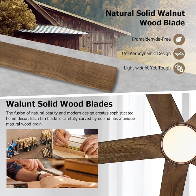 72 Inch Ceiling Fan with Lights and Remote, Outdoor 5 Wood Walnut Blades Ceiling Fans for Patios, Modern High CFM Farmhouse Ceiling Fans, Large Reversible DC Motor Ceiling Fan, Dimmable 3CCT, 6-Speed