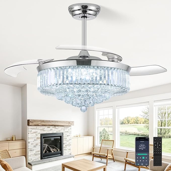 48 Inch Fandelier Ceiling Fan with Light, Chandelier Ceiling Fan for Bedroom Living Room, LED Dimmable, 6-Speed Reversible Motor, Timer & Memory Function-Chrome