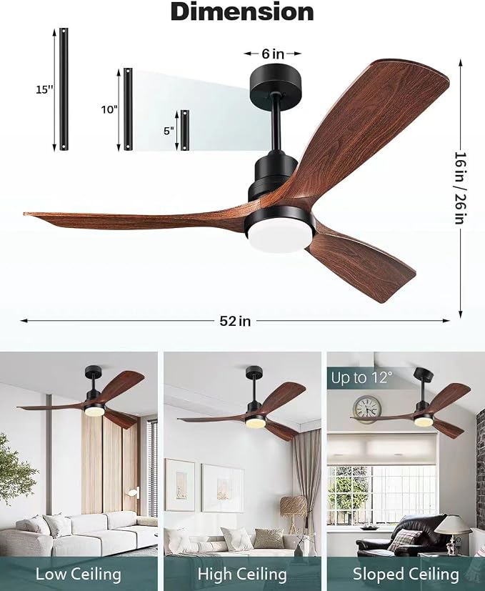 Ceiling Fans with Lights and Remote, 52 Inch Outdoor Ceiling Fan for Patios Indoor with 3 Downrods, 3 Blades Modern Ceiling Fan, 6 Speed Reversible Quiet DC Motor Solid Wood Fan,52in,Walnut