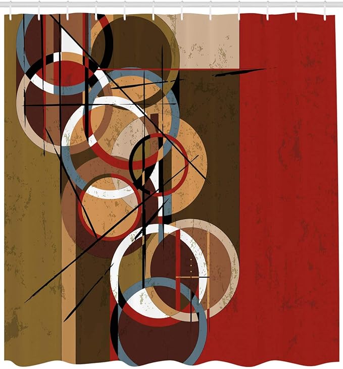 Ambesonne Modern Art Shower Curtain, Retro Surreal Abstract Circular and Square Shaped Artwork Lines on Murky Base, Cloth Fabric Bathroom Decor Set with Hooks, 69" W x 75" L, Burgundy Beige