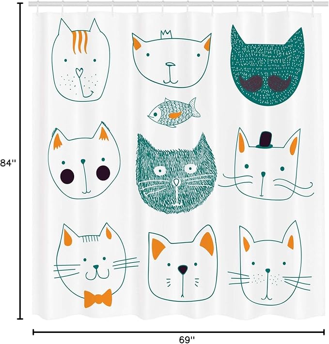 Ambesonne Cat Shower Curtain, Pets Moustache Bow Tie Hat Crown Fluffy and Fish Humor Faces Graphic, Cloth Fabric Bathroom Decor Set with Hooks, 69" W x 84" L, Teal Apricot